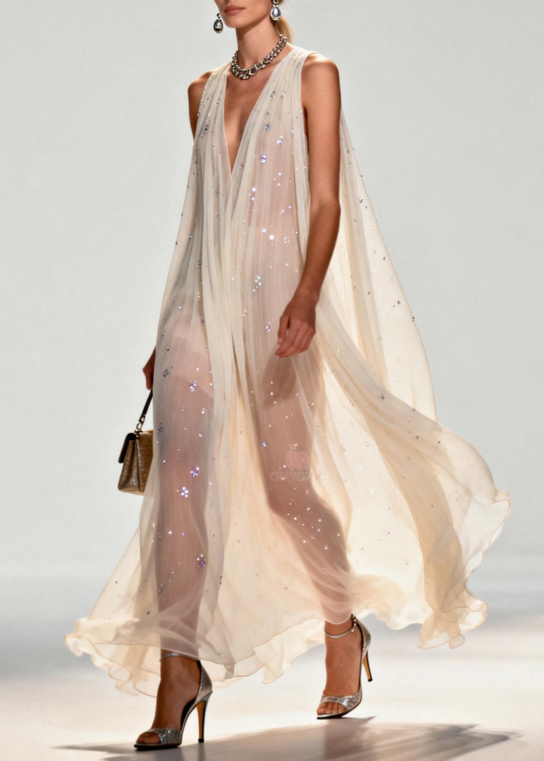 New Style V Neck Zircon Chiffon Maxi Dress Sleeveless