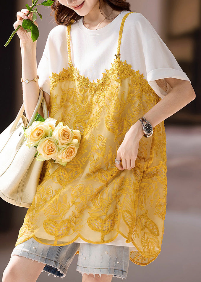 Casual White Organza Patchwork Embroidered T-Shirt Summer