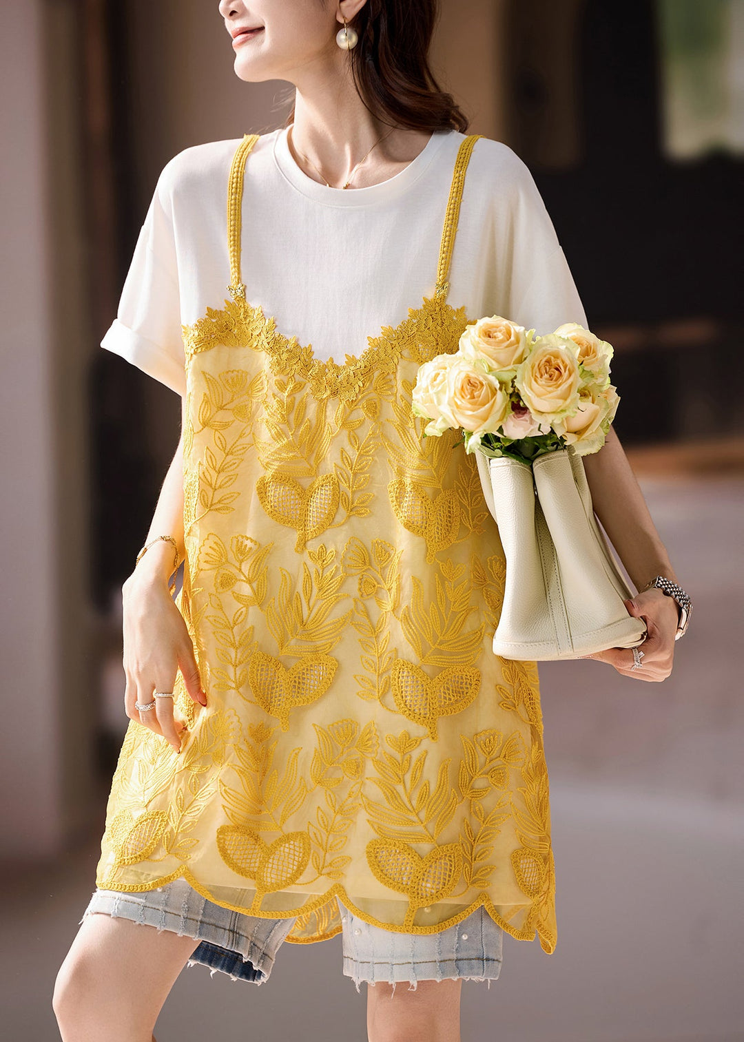 Casual White Organza Patchwork Embroidered T-Shirt Summer