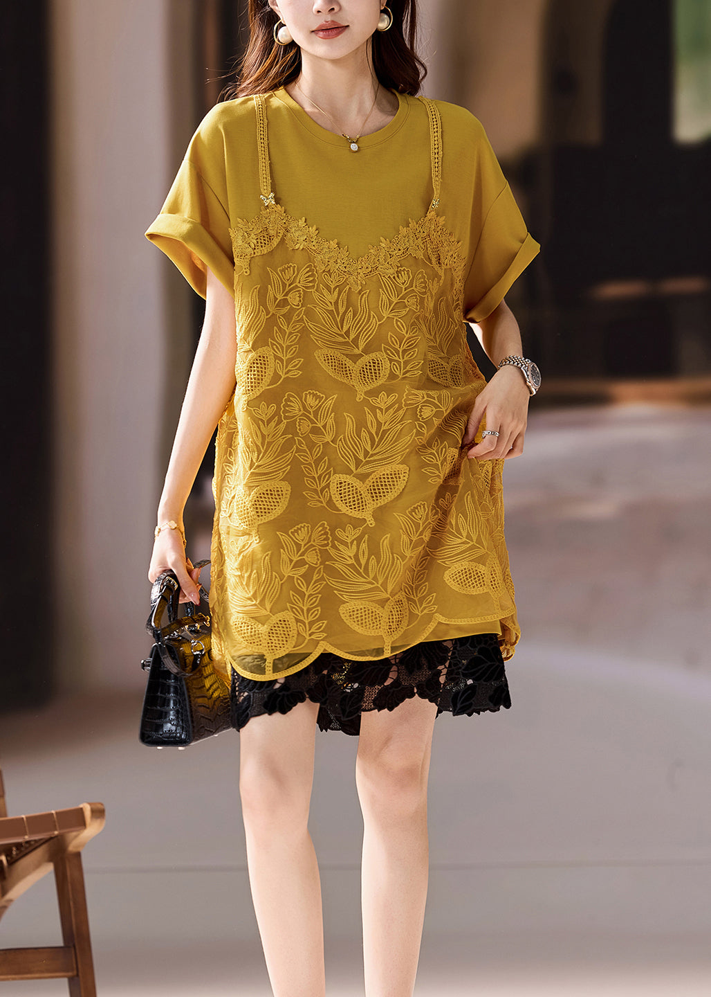 Casual White Organza Patchwork Embroidered T-Shirt Summer