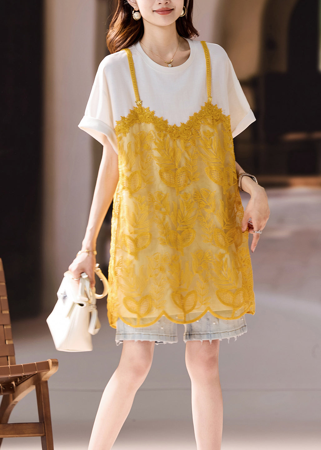 Casual White Organza Patchwork Embroidered T-Shirt Summer