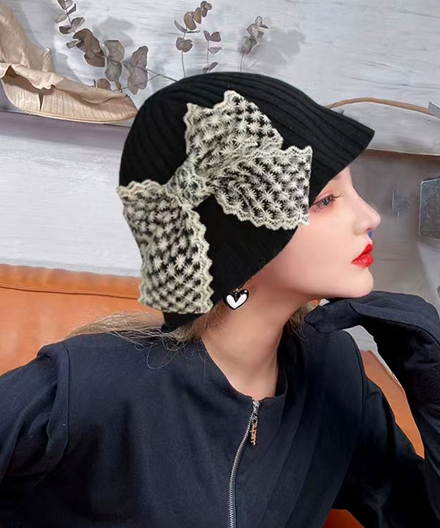 New Sweet Beige Lace Bow Knitted Bucket Hat