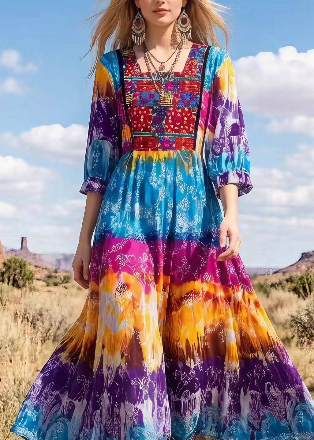 New Tie Dye Print Square Collar Cotton Long Dress Summer