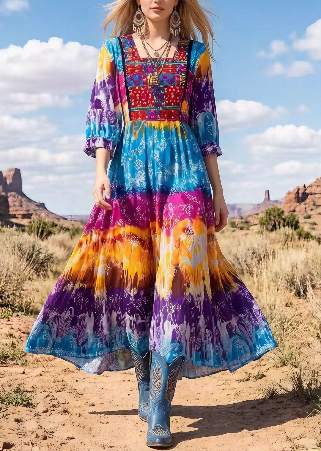 New Tie Dye Print Square Collar Cotton Long Dress Summer