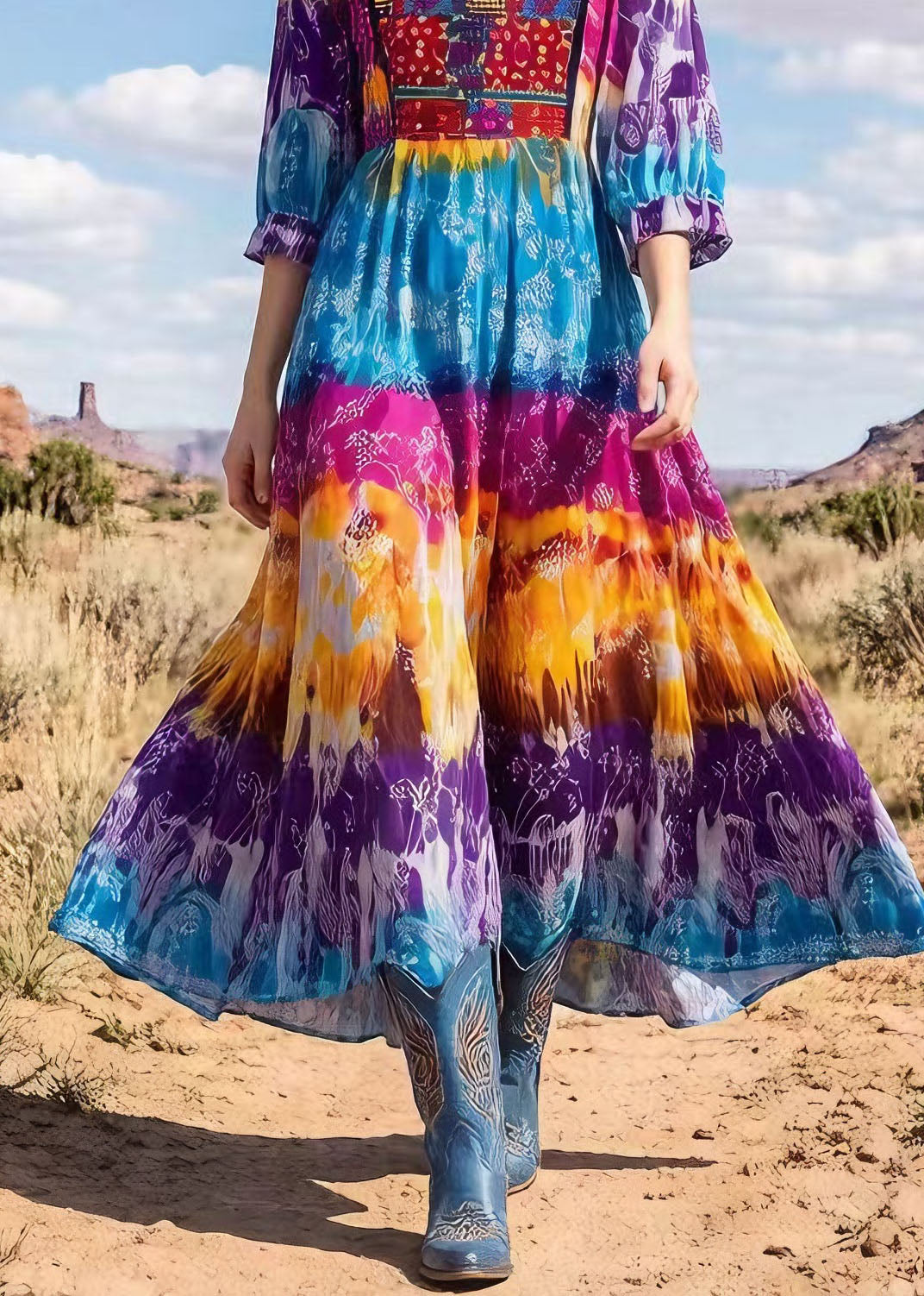 New Tie Dye Print Square Collar Cotton Long Dress Summer