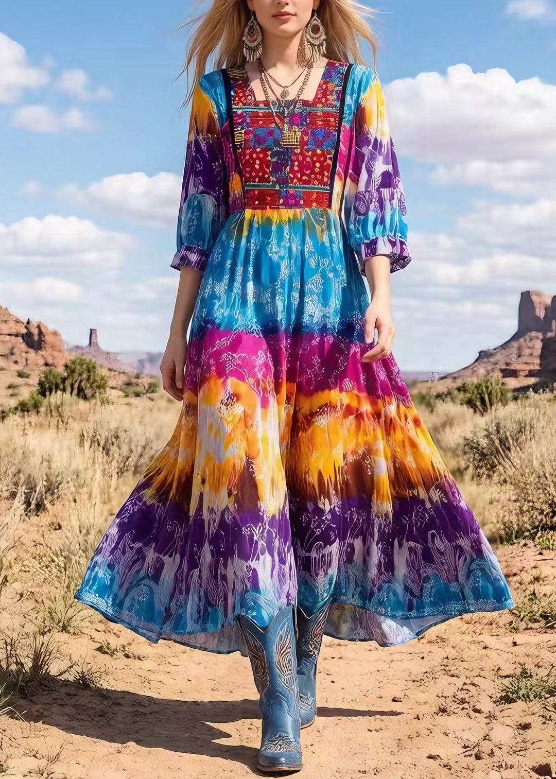 New Tie Dye Print Square Collar Cotton Long Dress Summer