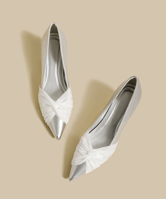 New Tulle Splicing Chunky High Heels Silver Faux Leather