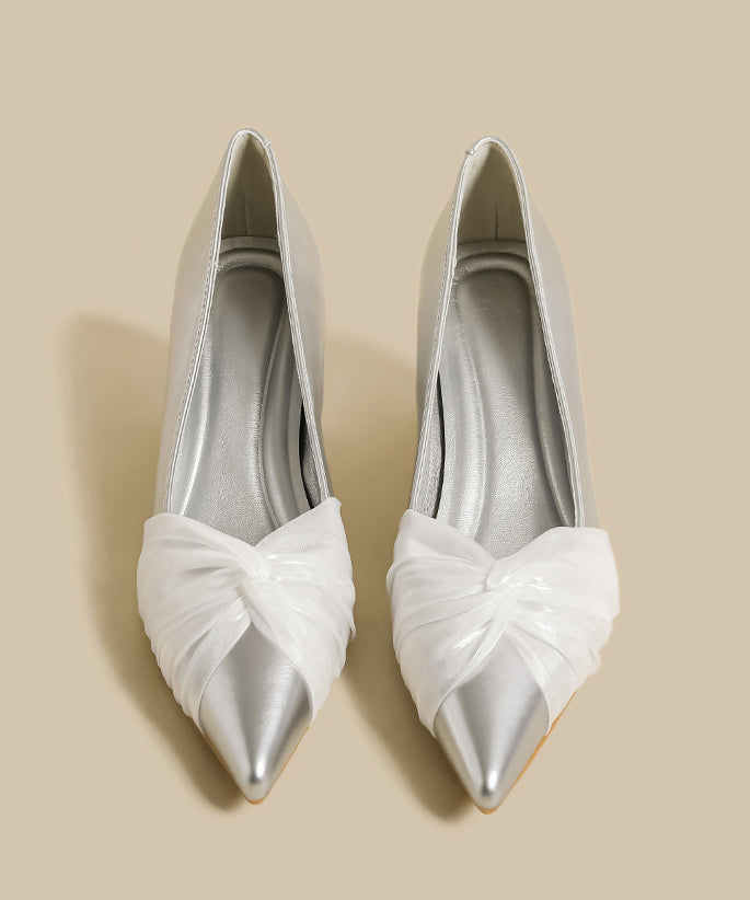 New Tulle Splicing Chunky High Heels Silver Faux Leather