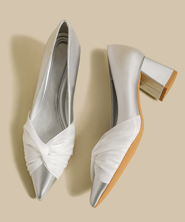 New Tulle Splicing Chunky High Heels Silver Faux Leather