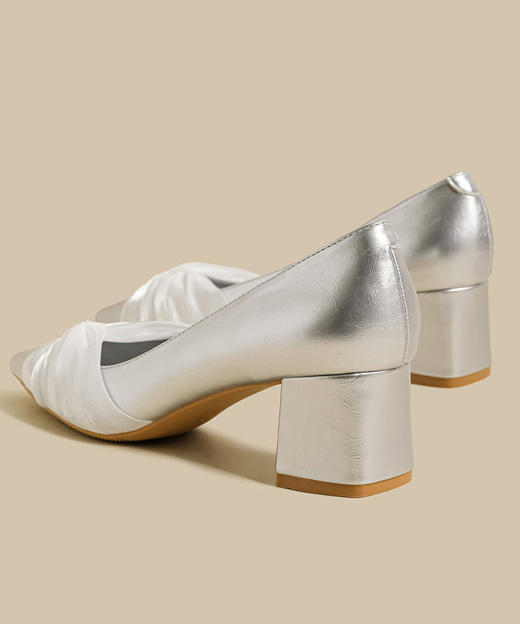 New Tulle Splicing Chunky High Heels Silver Faux Leather