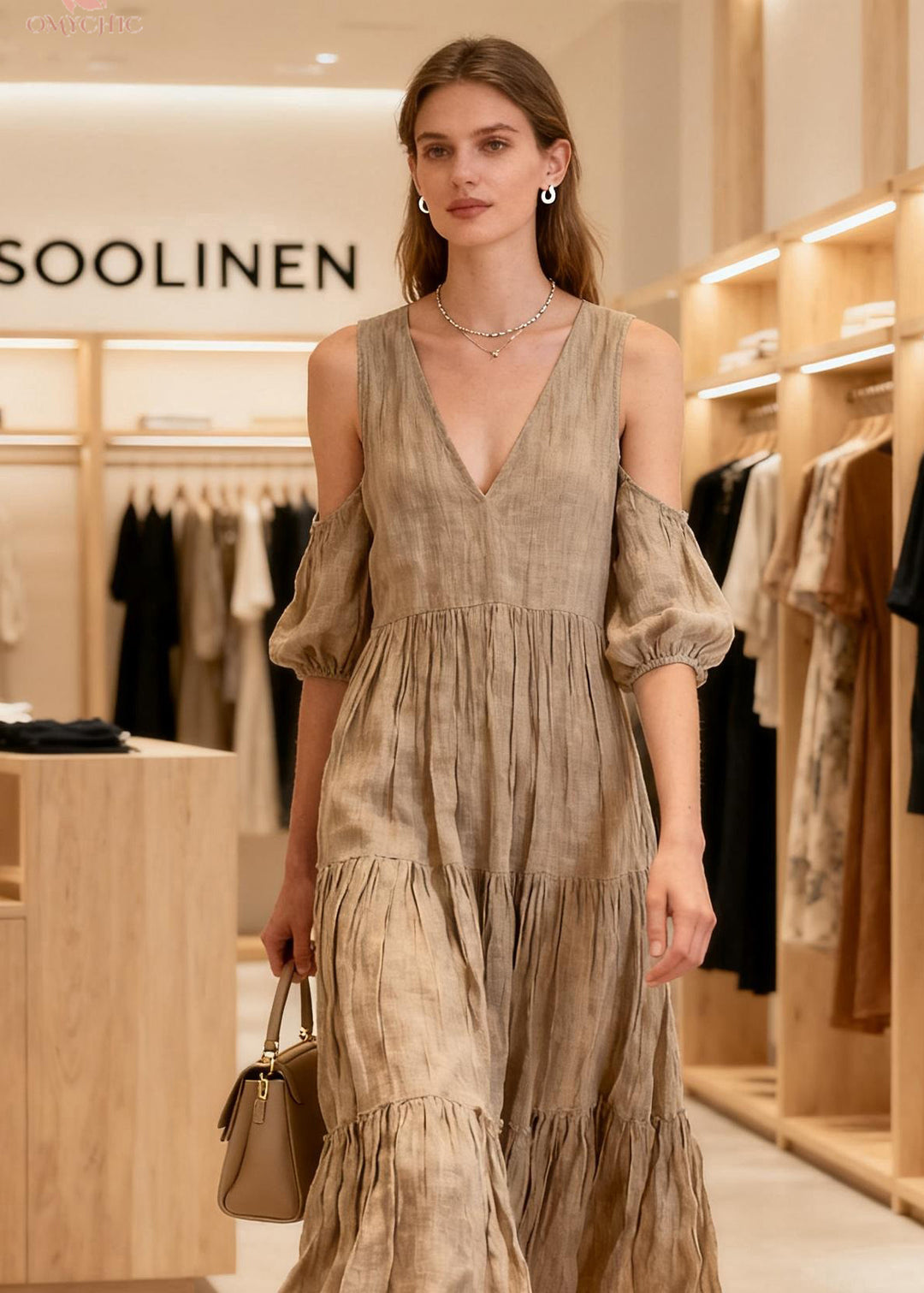 New V Neck Cold Shoulder Wrinkled Patchwork Cotton Long Dresses Summer