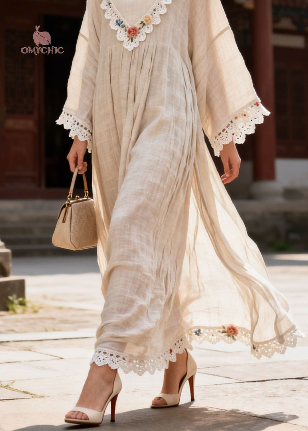 New V Neck Lace Floral Patchwork Cotton Dress Summer