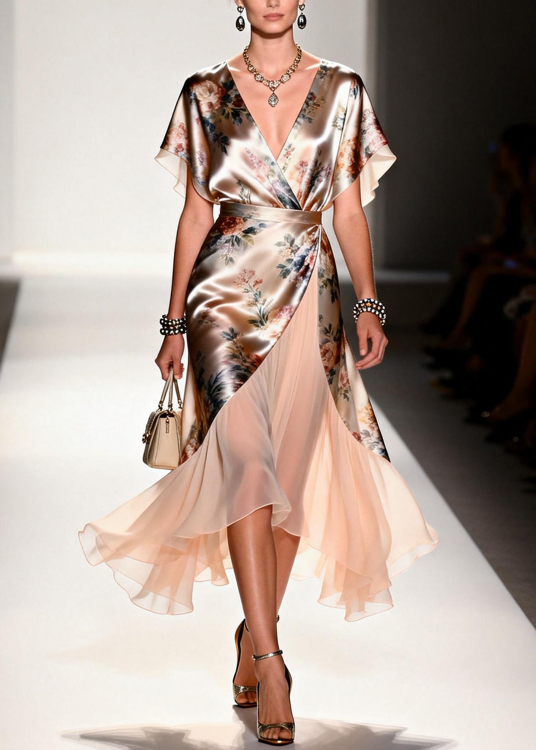 New V Neck Print Patchwork Silk Maxi Dresses Summer