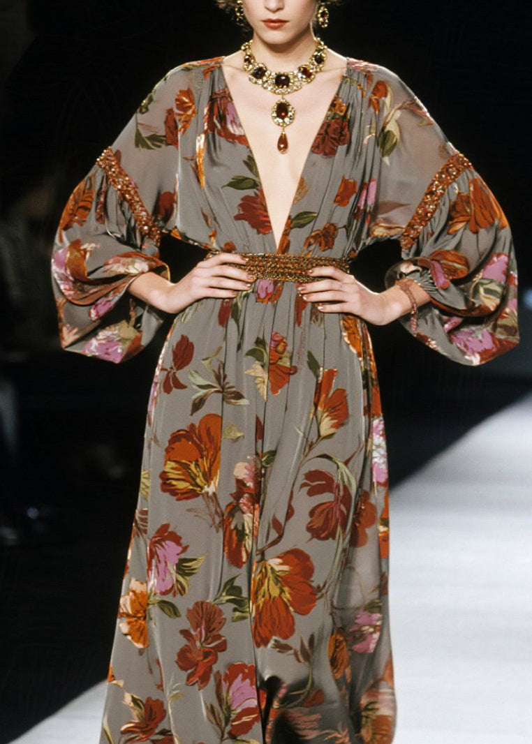 New V Neck Print Plus Size Cotton Long Dress Fall