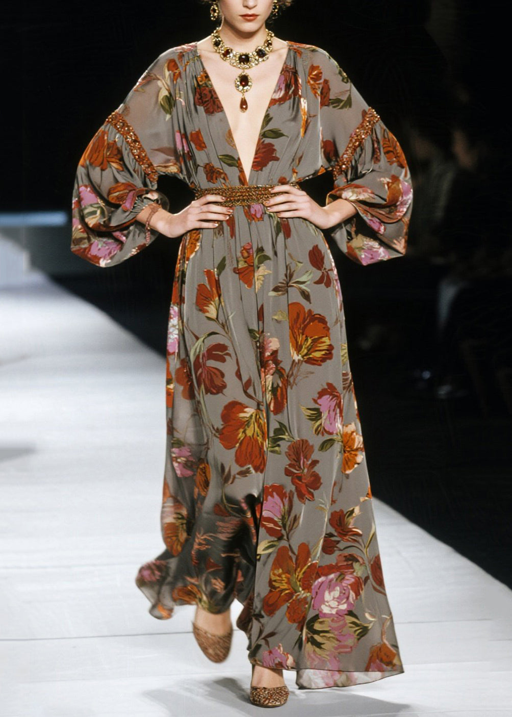 New V Neck Print Plus Size Cotton Long Dress Fall