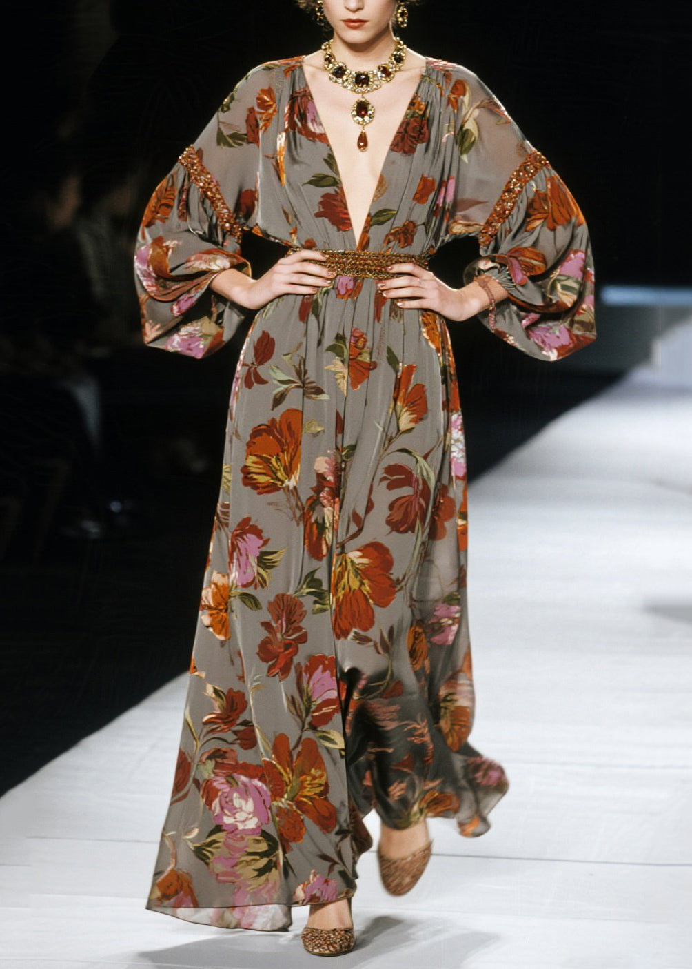 New V Neck Print Plus Size Cotton Long Dress Fall