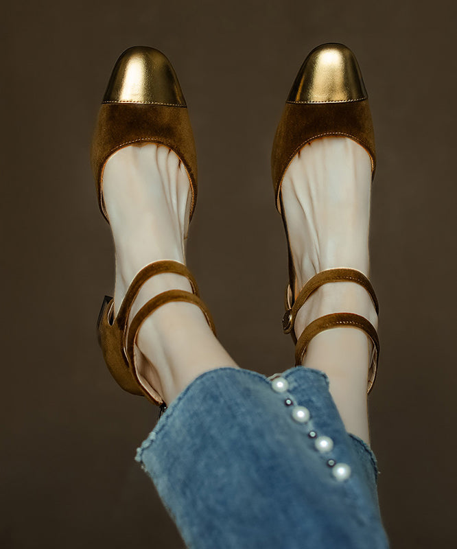 New Velour Splicing Chunky Sandals Champagne Cowhide Leather