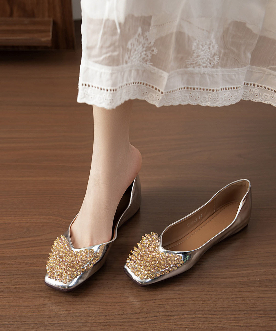 New Versatile Gold Rhinestone Square Toe Flat Shoes