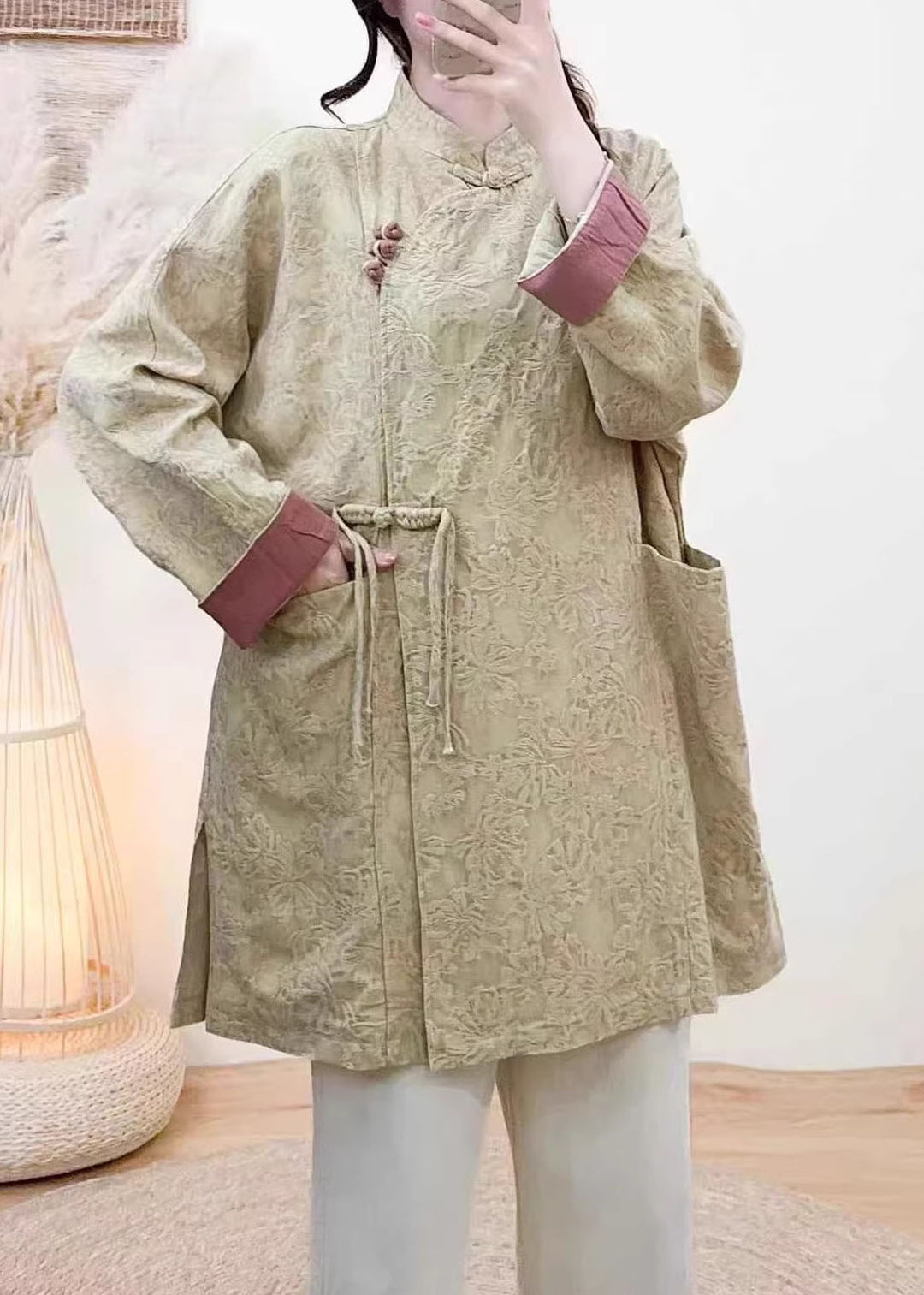 New Vintage Yellow Jacquard Pockets Chinese Button Coat Spring
