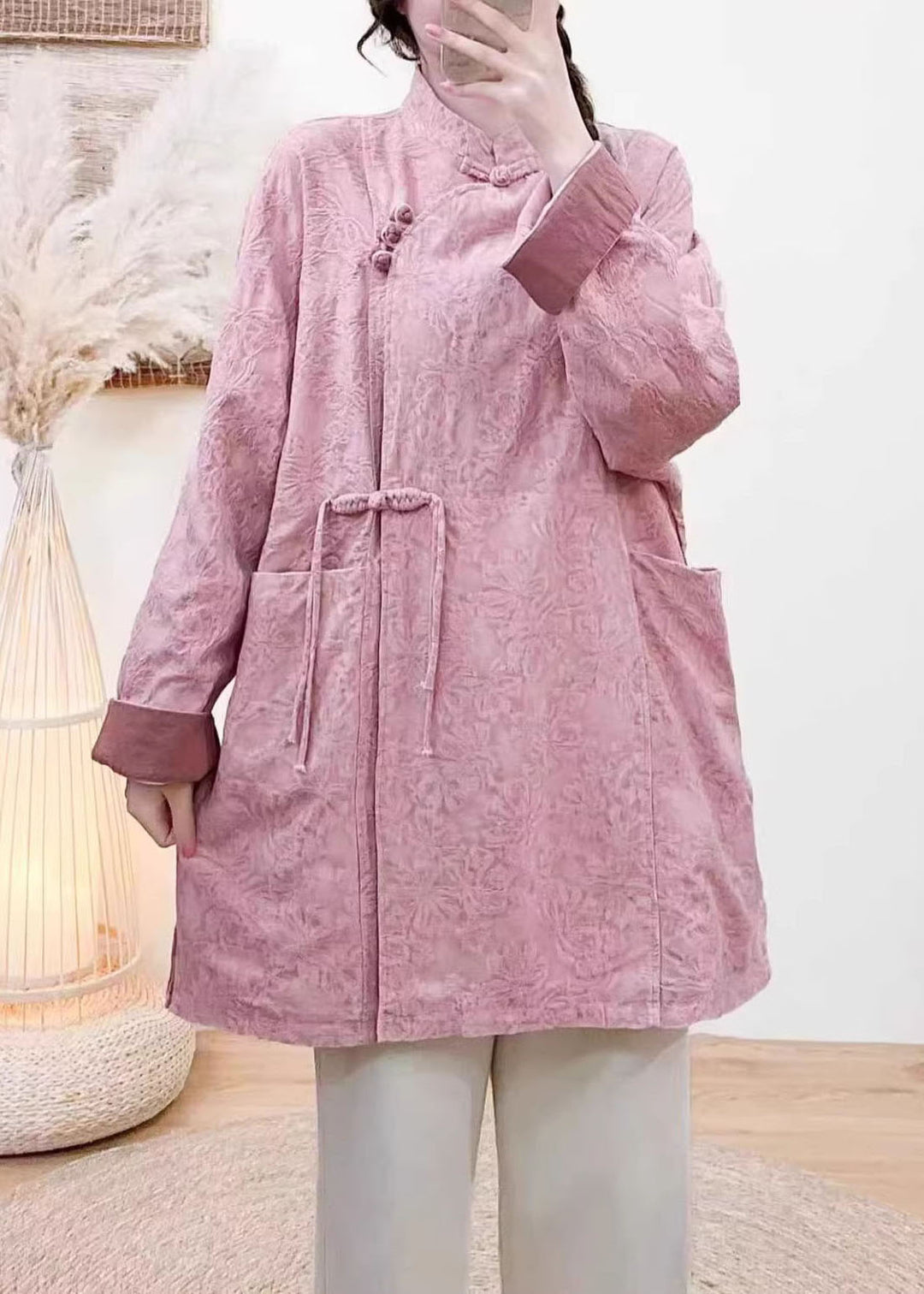 New Vintage Yellow Jacquard Pockets Chinese Button Coat Spring
