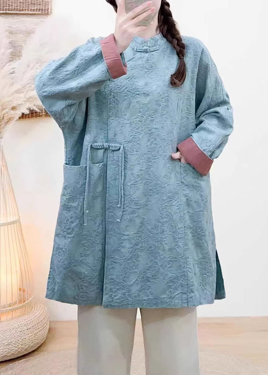 New Vintage Yellow Jacquard Pockets Chinese Button Coat Spring
