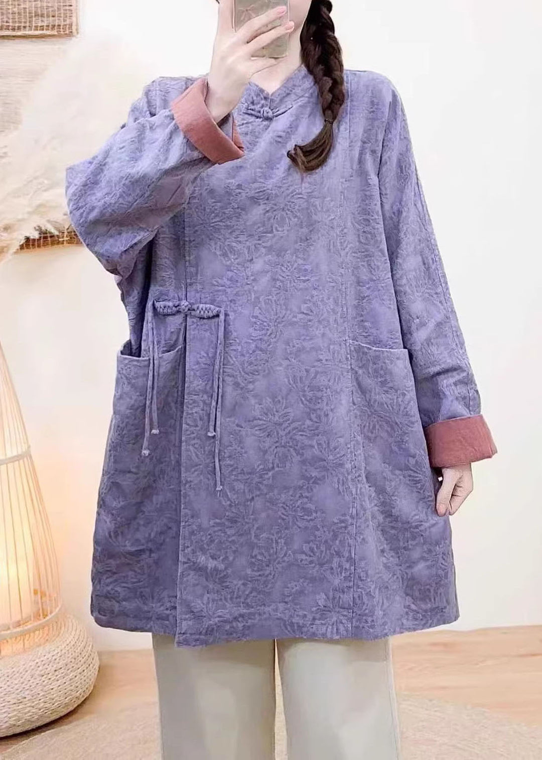 New Vintage Yellow Jacquard Pockets Chinese Button Coat Spring
