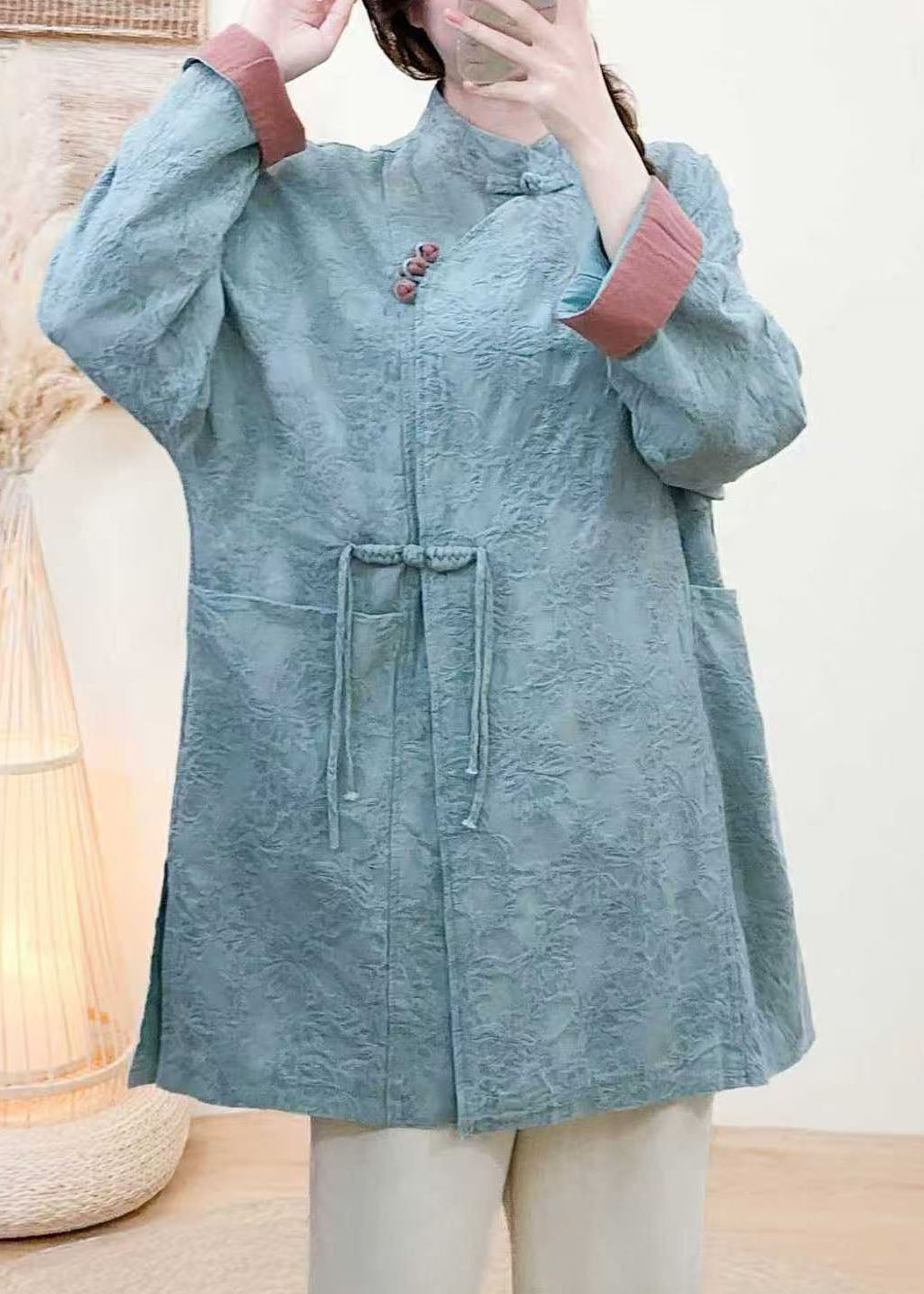 New Vintage Yellow Jacquard Pockets Chinese Button Coat Spring