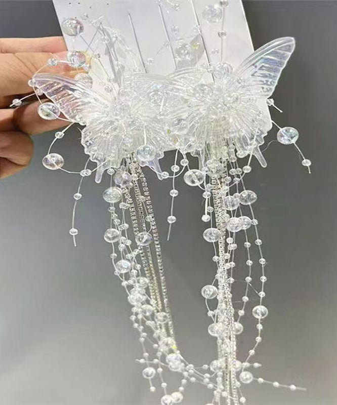 New White Acrylic Alloy Crystal Butterfly Tassel A Pair Hairpin
