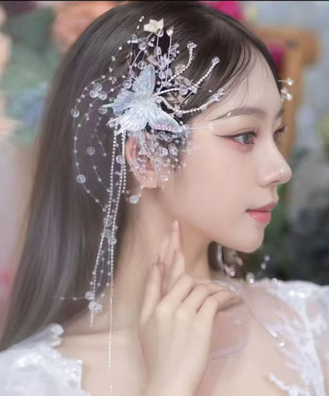 New White Acrylic Alloy Crystal Butterfly Tassel A Pair Hairpin
