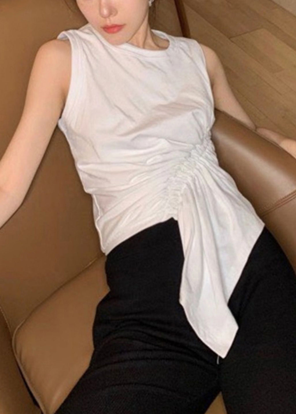 New White Asymmetrical Cinched Cotton Tank Sleeveless