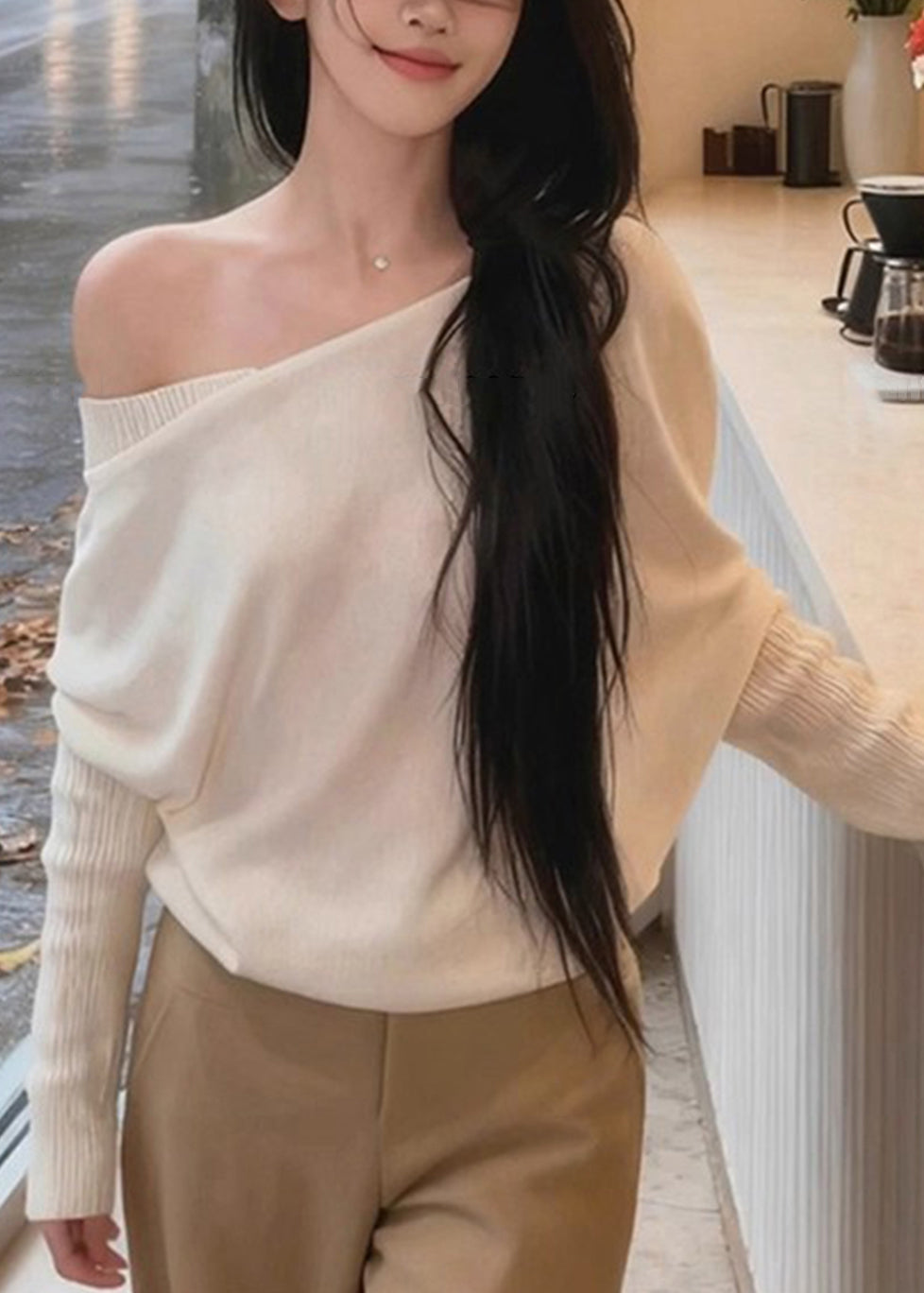 New White Asymmetrical Shoulder Solid Knit Sweaters Batwing Sleeve