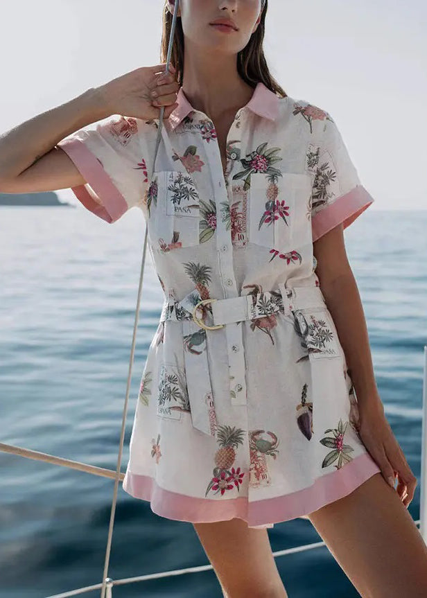 New White Button Print Pockets Linen Shirts Jumpsuits Summer