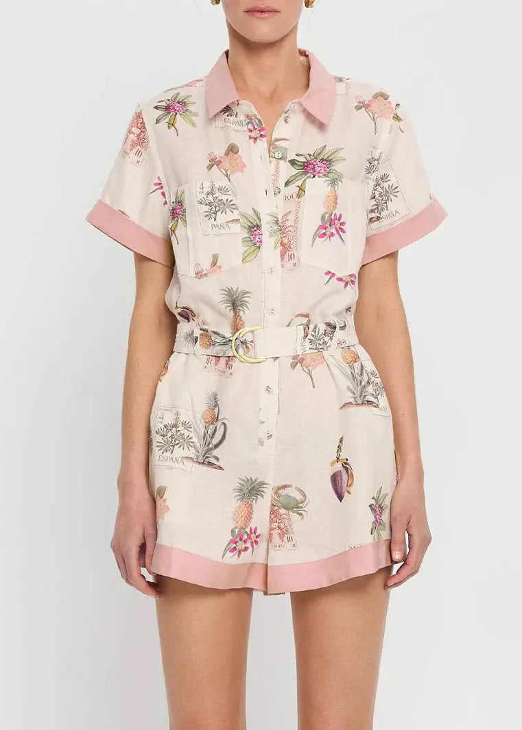 New White Button Print Pockets Linen Shirts Jumpsuits Summer
