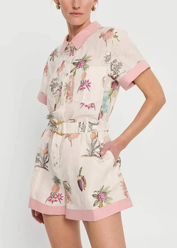 New White Button Print Pockets Linen Shirts Jumpsuits Summer