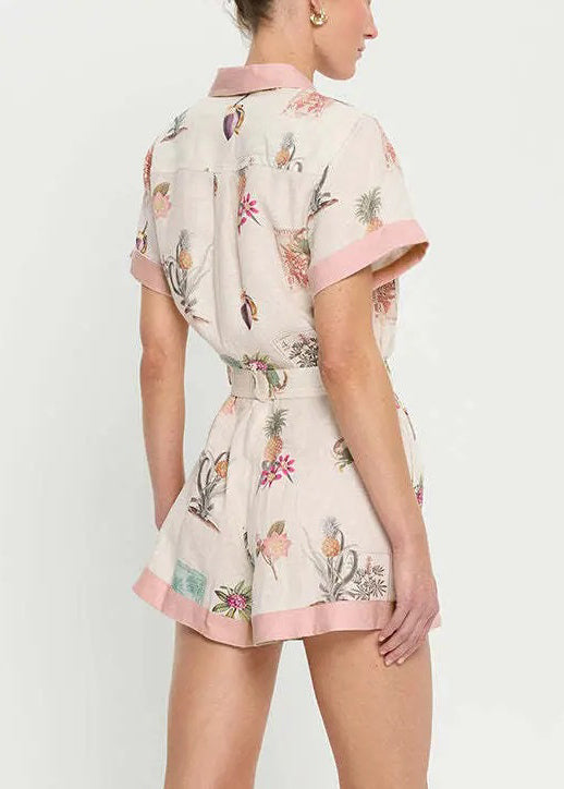 New White Button Print Pockets Linen Shirts Jumpsuits Summer