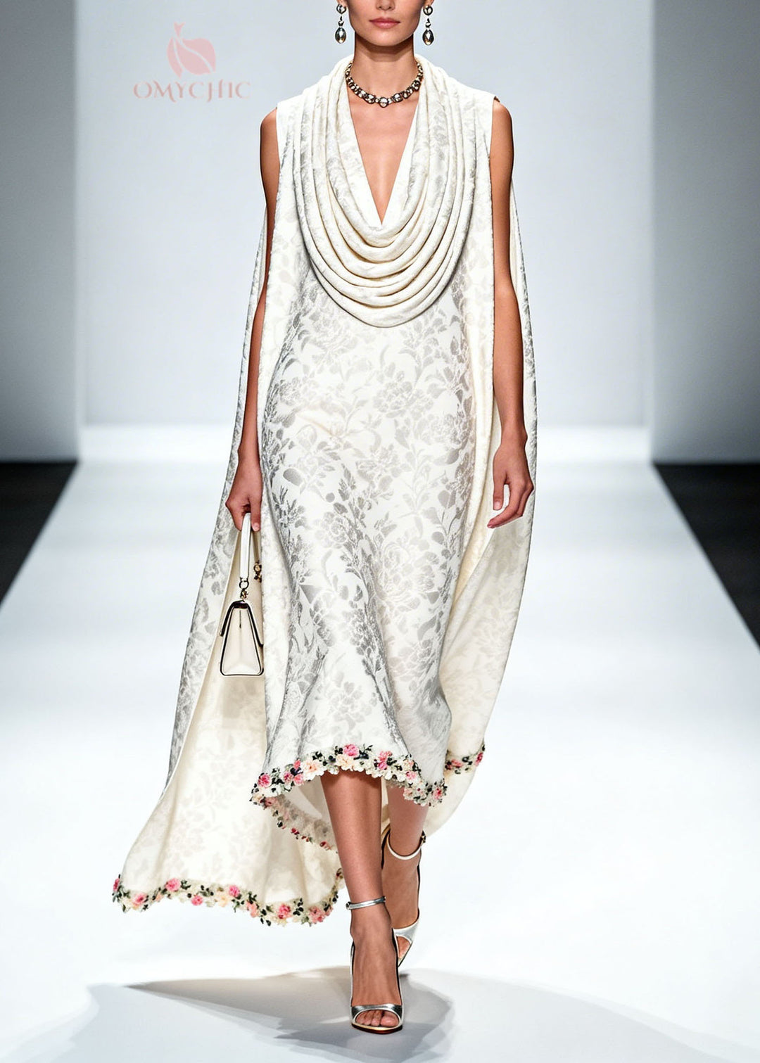 New White Draped Neckline Print Patchwork Silk Maxi Dress Summer