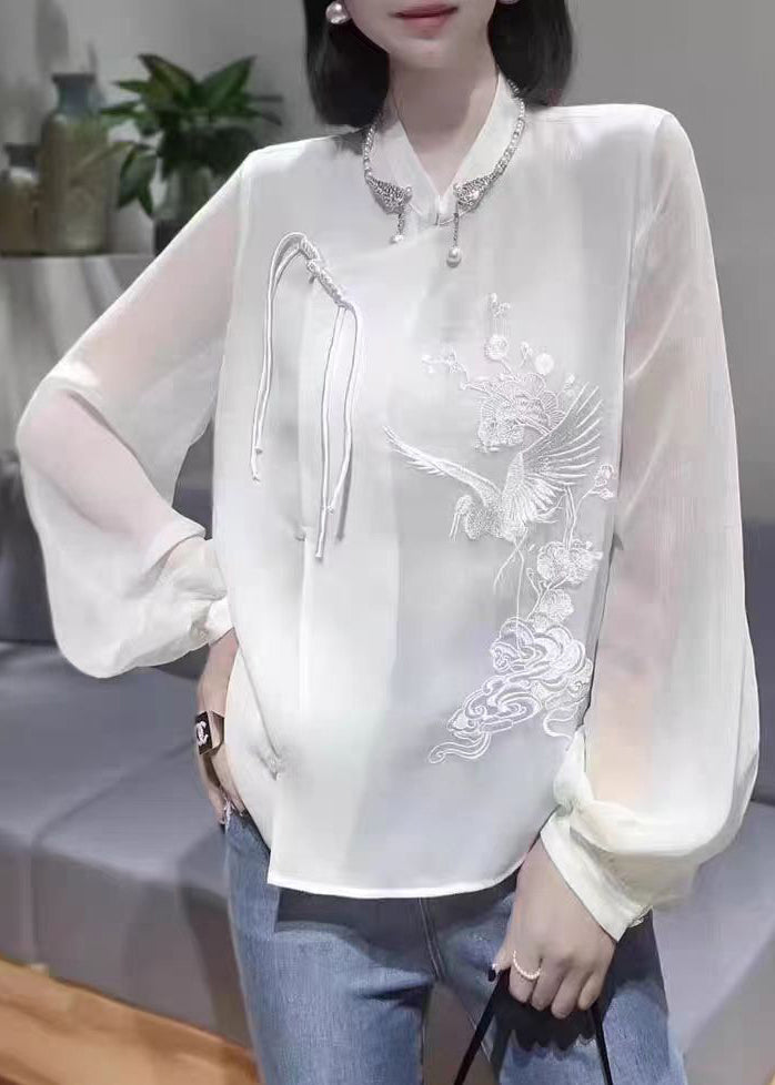New White Embroidered Chinese Button Chiffon Shirt Spring