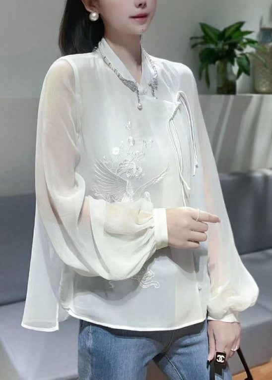 New White Embroidered Chinese Button Chiffon Shirt Spring