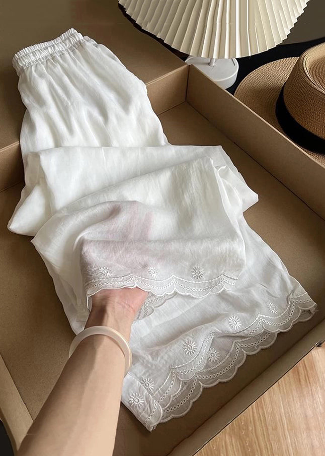 New White Embroidered Elastic Waist Thin Linen Pants Summer