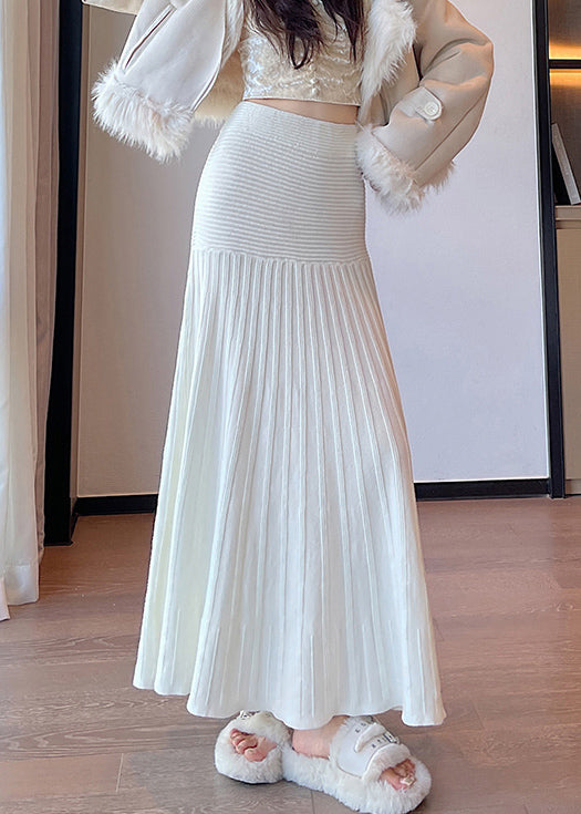 New White High Waist Solid Knit Pleated Skirt