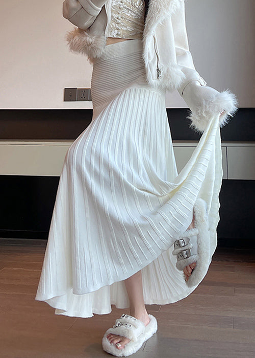 New White High Waist Solid Knit Pleated Skirt