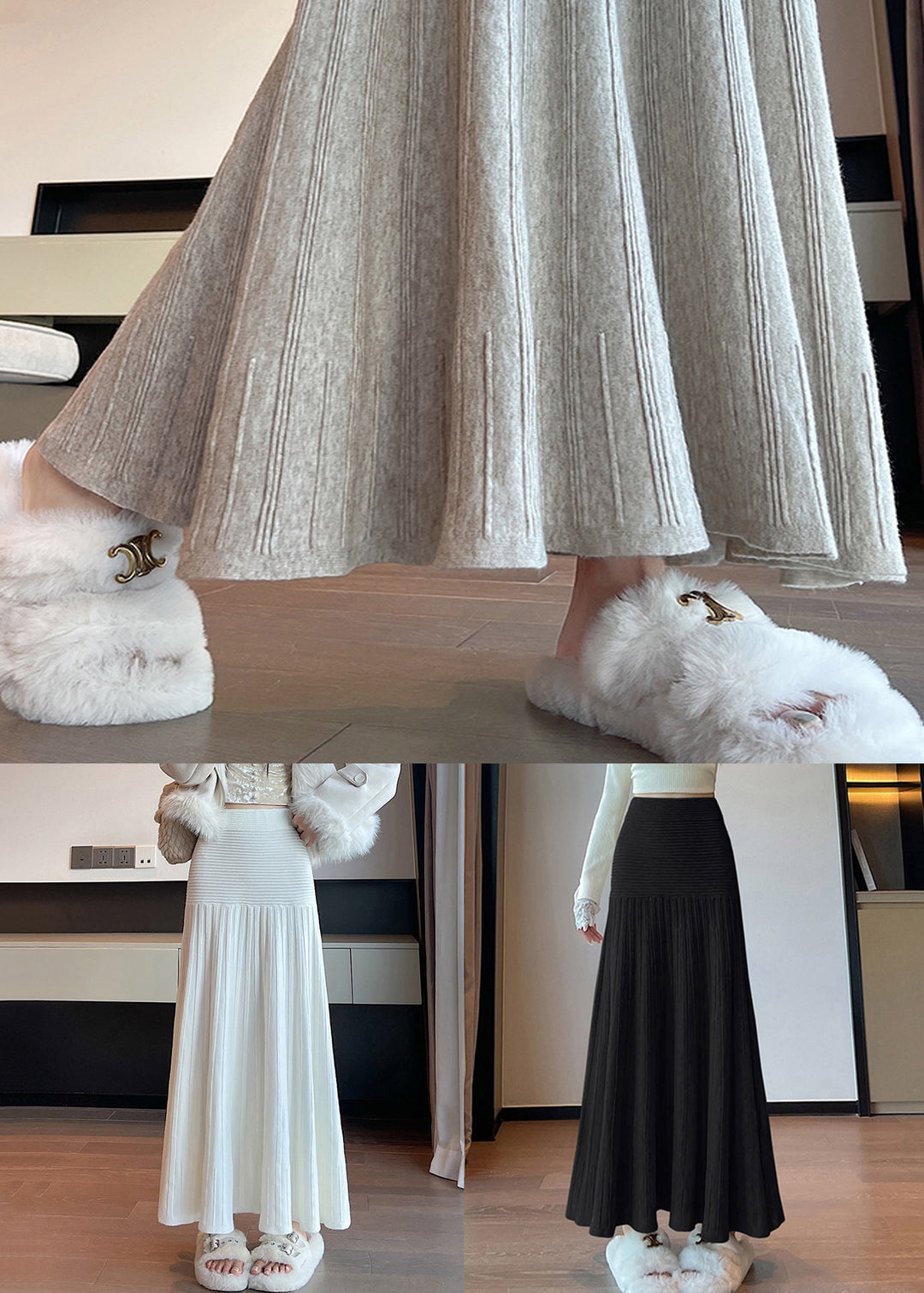 New White High Waist Solid Knit Pleated Skirt