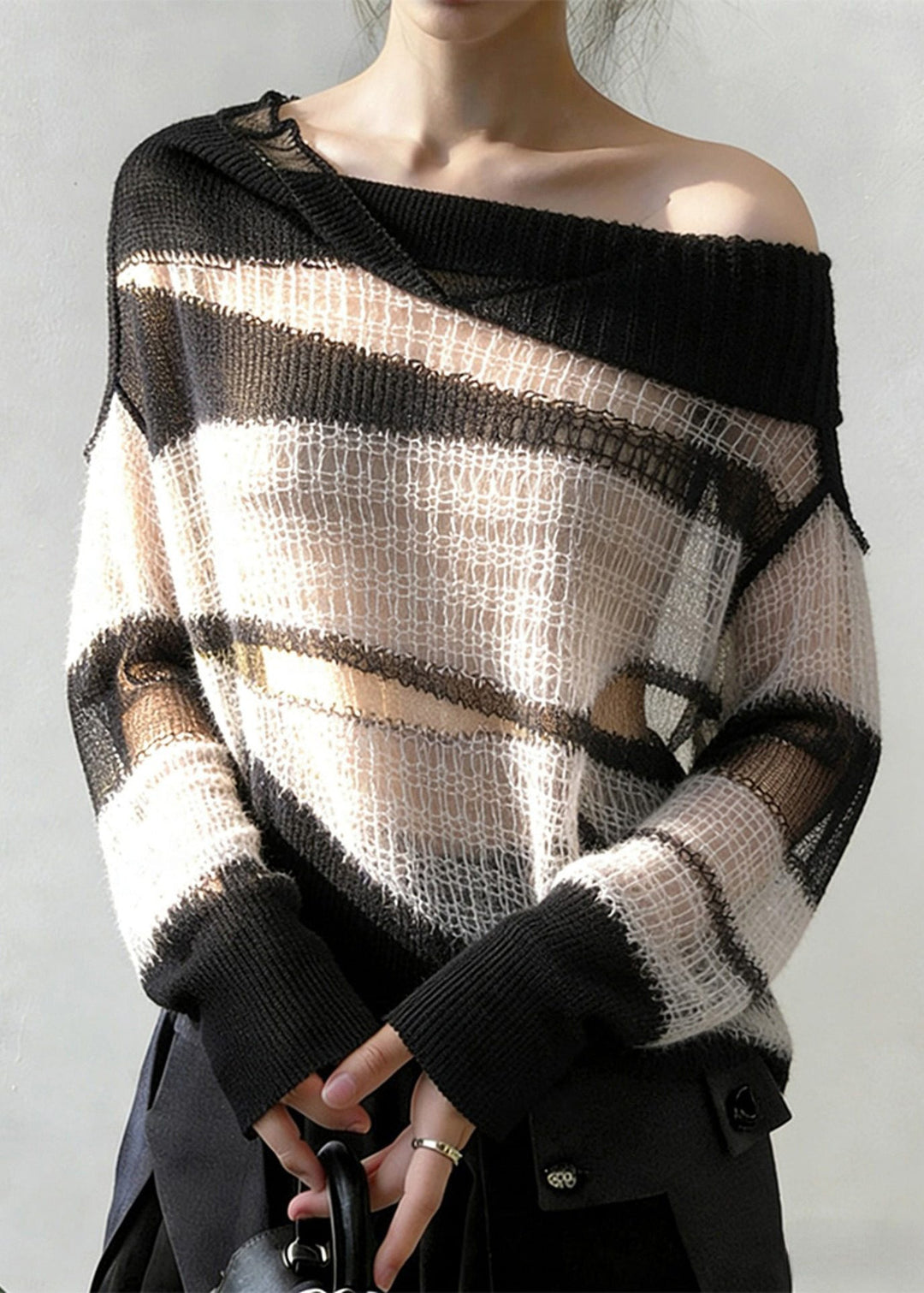 New White Hollow Out Cozy Patchwork Thin Knit Sweater Spring