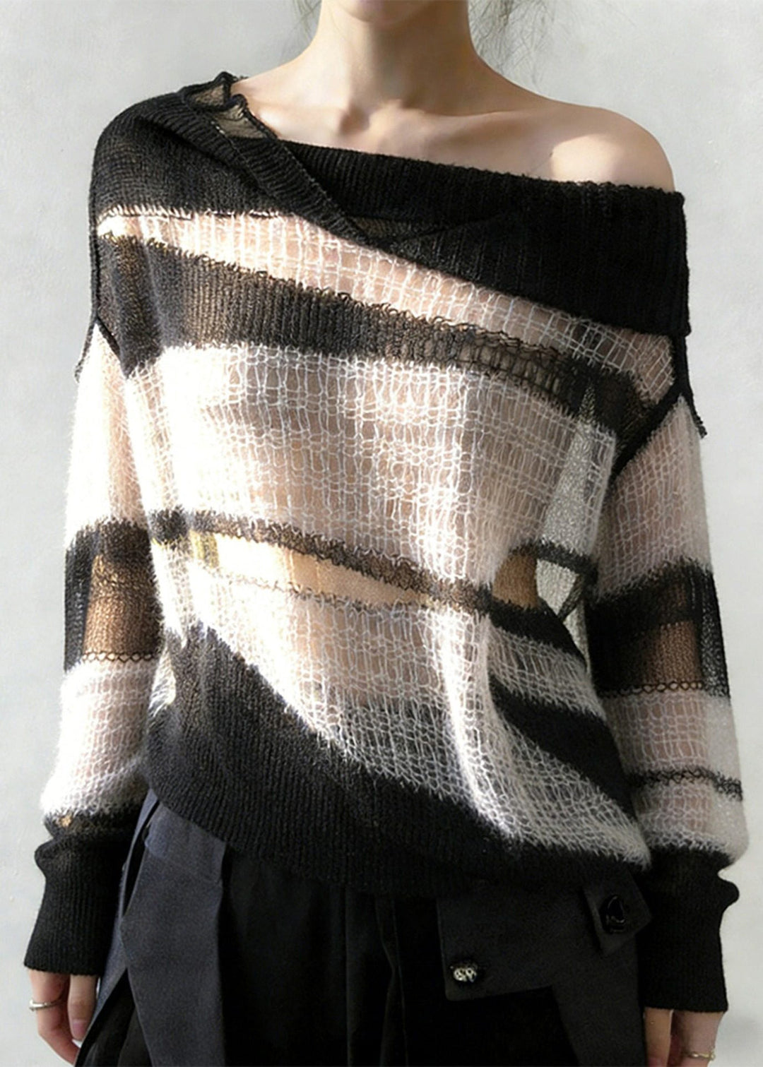 New White Hollow Out Cozy Patchwork Thin Knit Sweater Spring