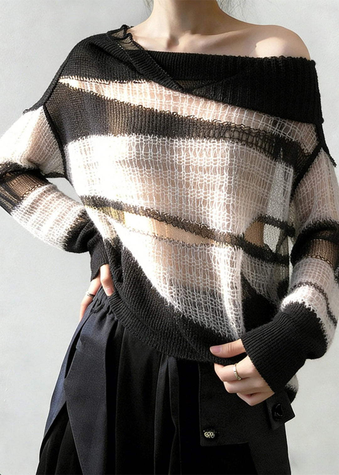 New White Hollow Out Cozy Patchwork Thin Knit Sweater Spring