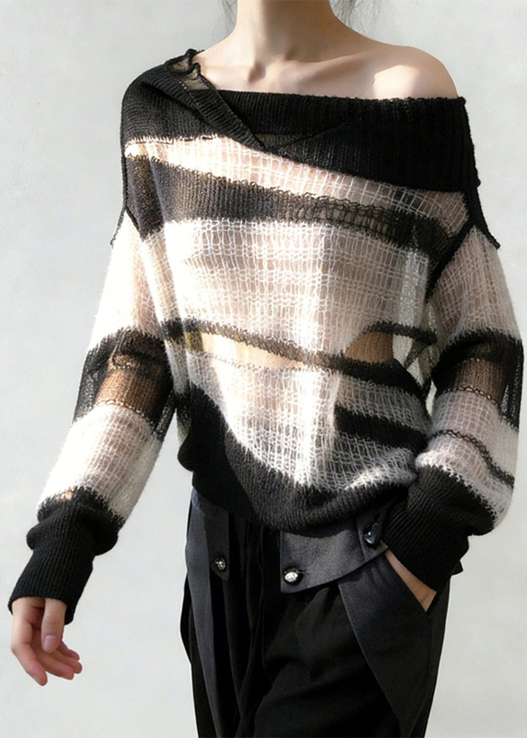 New White Hollow Out Cozy Patchwork Thin Knit Sweater Spring