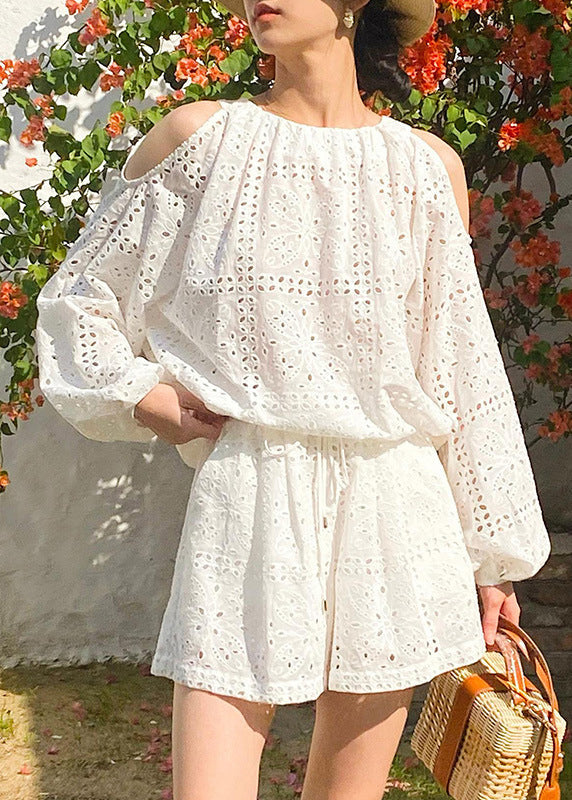 New White Hollow Out Tops And Shorts Cotton Two Pieces Set Summer