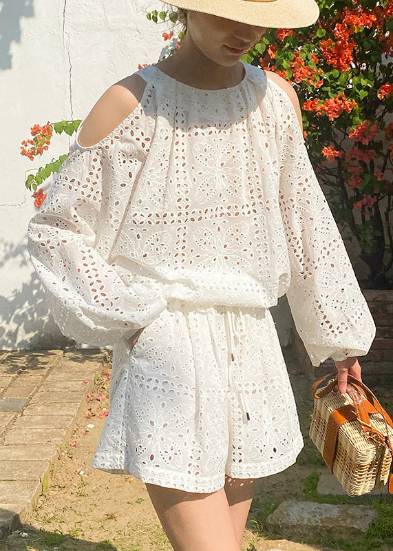 New White Hollow Out Tops And Shorts Cotton Two Pieces Set Summer