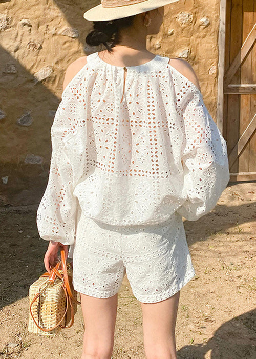 New White Hollow Out Tops And Shorts Cotton Two Pieces Set Summer
