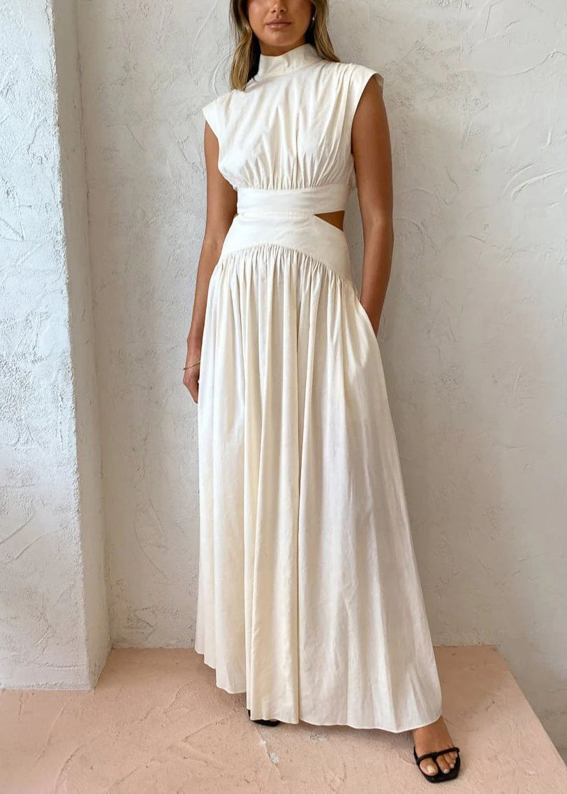 New White Hollow Out Wrinkled Pockets Cotton Maxi Dresses Summer